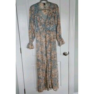 ALYA BLUE & PEACH FLORAL Sheer Long  Buttoned Overlay Kimono, Feminine Sz Medium